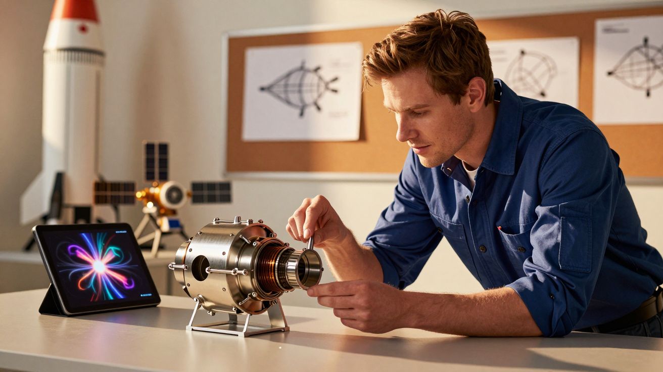 Homem ajustando modelo de motor em mesa com tablet, foguete e desenhos técnicos ao fundo.