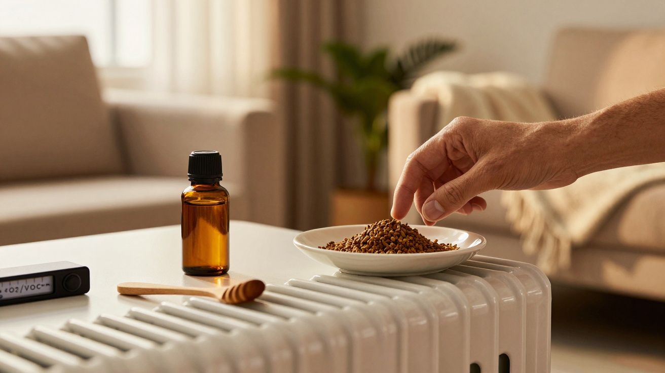 Mão pegando grãos de um prato sobre radiador, com frasco âmbar e colher ao lado. Sala de estar ao fundo.