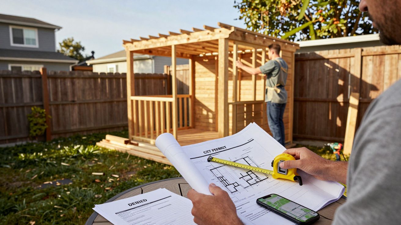 Homem consulta plantas e medidas enquanto outro constrói uma estrutura de madeira num quintal.