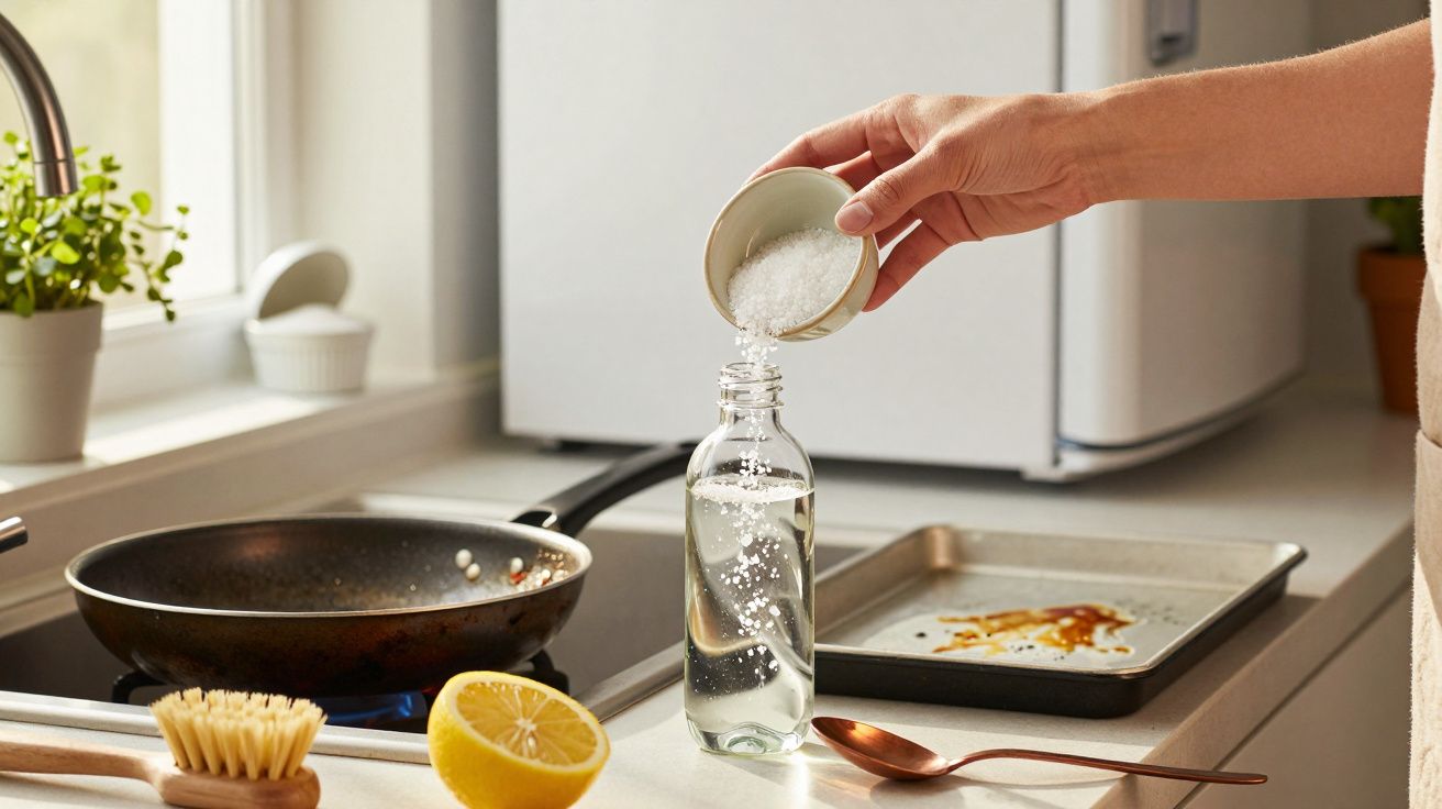 Pessoa a colocar sal num frasco de vidro na cozinha, com frigideira, limão e tabuleiro ao fundo.