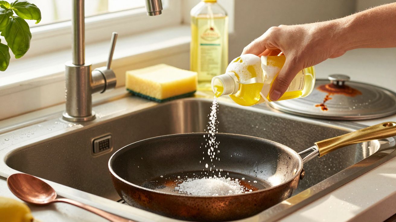 Mão adiciona detergente a uma frigideira na pia da cozinha, com esponja e utensílios ao fundo.