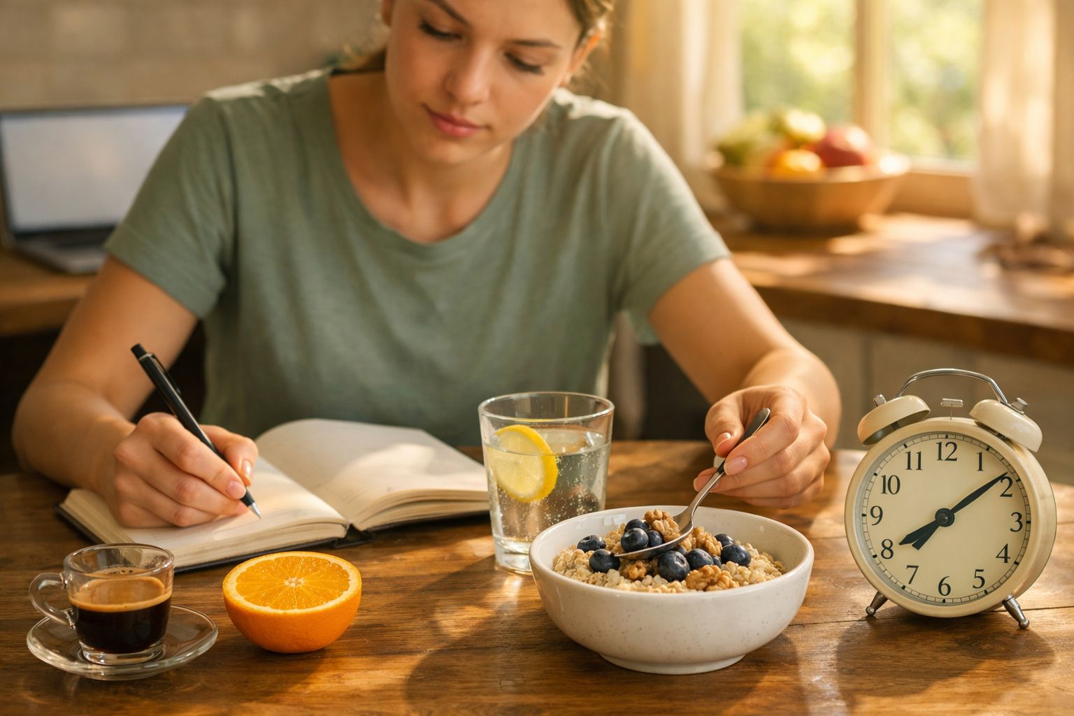 Pessoa a tomar pequeno-almoço com aveia e frutas, torradas com ovo mexido, copo de água com limão e caderno na mesa.