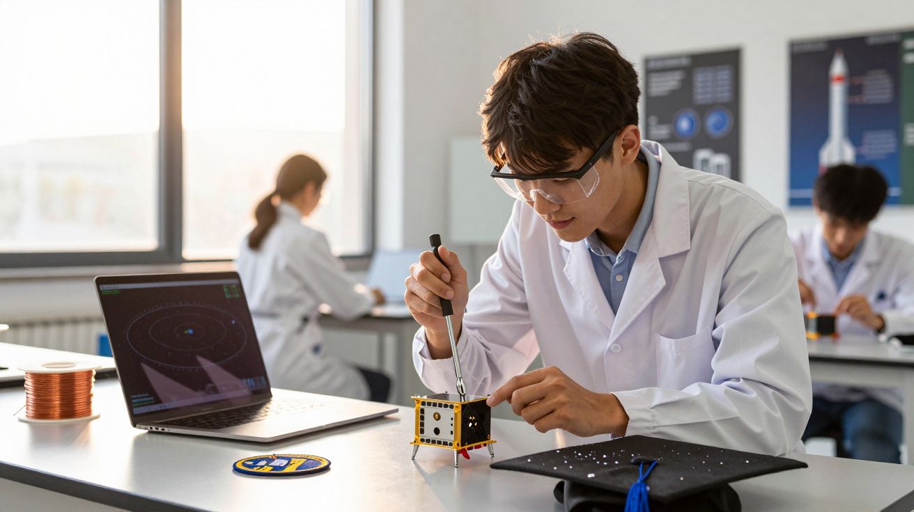 Estudante em laboratório trabalha num satélite em miniatura, usando ferramentas e um portátil próximo, com colegas ao fundo.