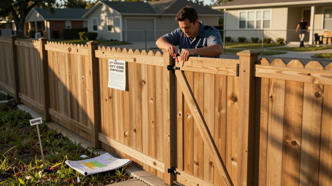 Homem reparando portão de madeira durante o dia, com ferramentas e sinal de código da cidade pendurado na vedação.
