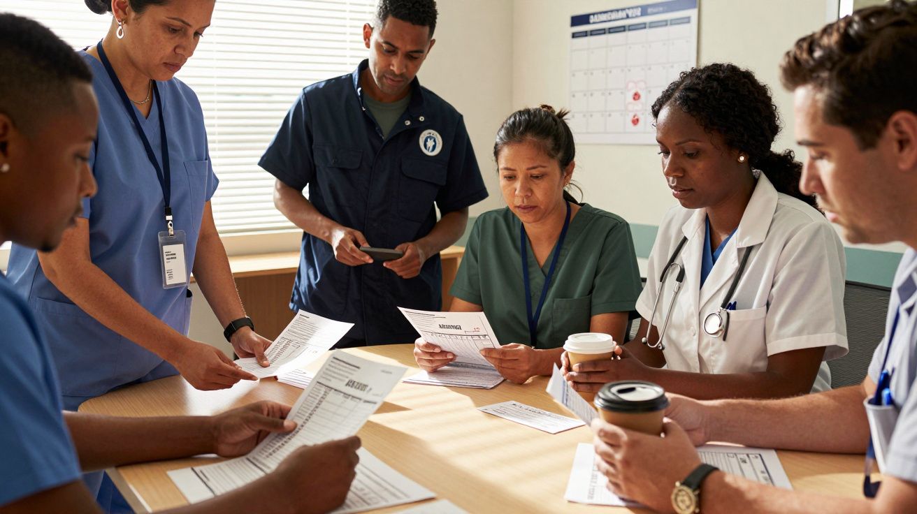 Grupo de profissionais de saúde reunidos numa mesa, discutindo documentos e planos de tratamento.