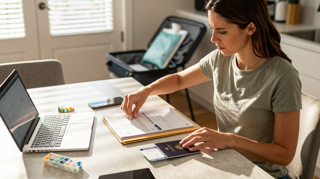 Mulher organizando documentos de viagem numa mesa com computador portátil e mala aberta ao fundo.