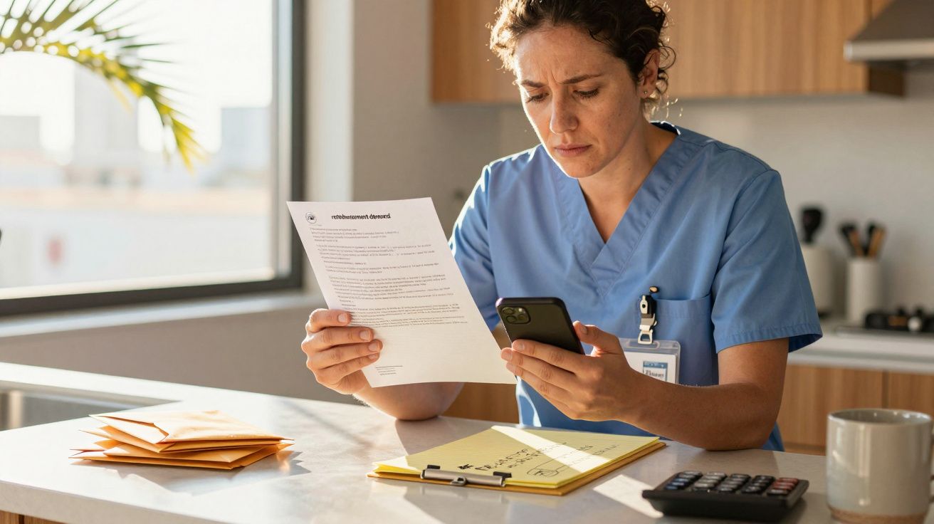 Mulher em uniforme médico lê documento e consulta o telemóvel numa cozinha com luz natural.