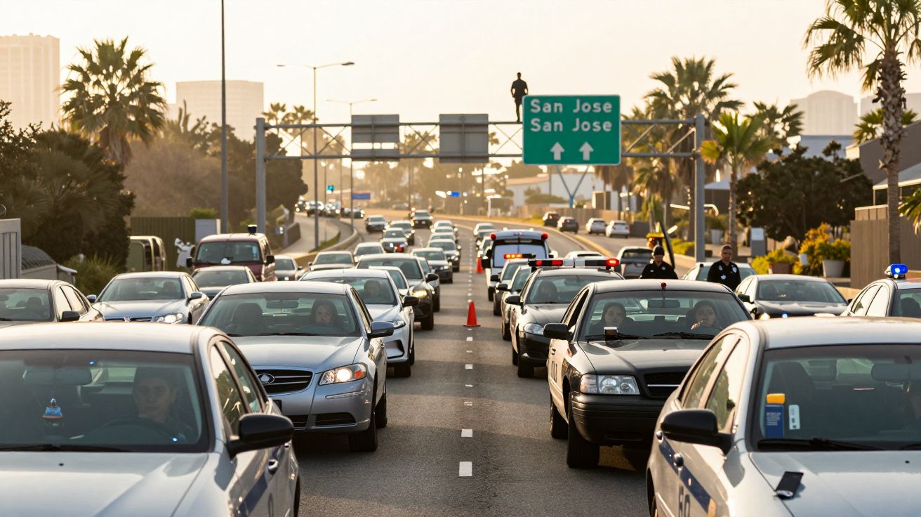 Trânsito intenso numa estrada com filas de carros em direção a San Jose, ladeadas por palmeiras e sinalização verde.