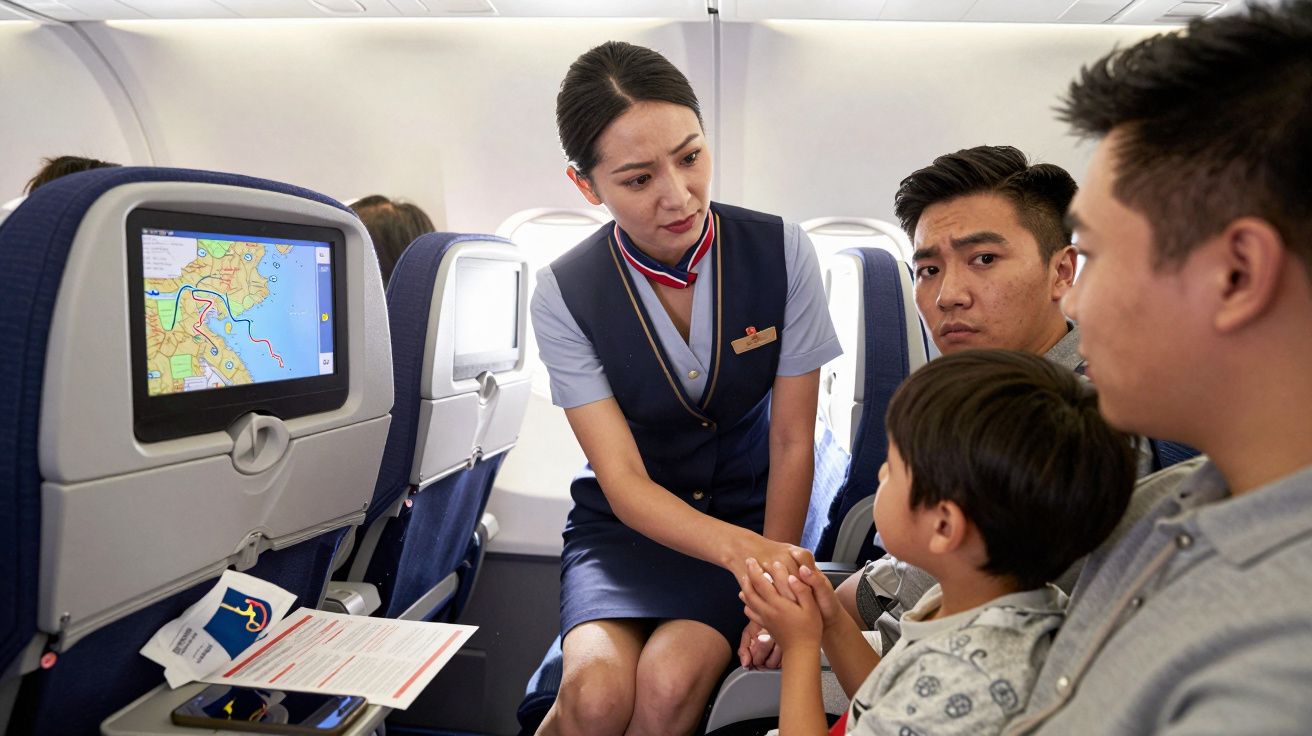 Assistente de bordo fala com pai e filho sentados no avião, com mapa de voo no ecrã à frente.