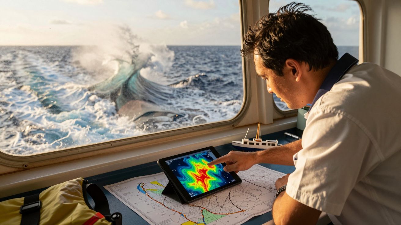 Homem analisa mapa marítimo num tablet, dentro de um barco, com ondas no oceano pela janela.