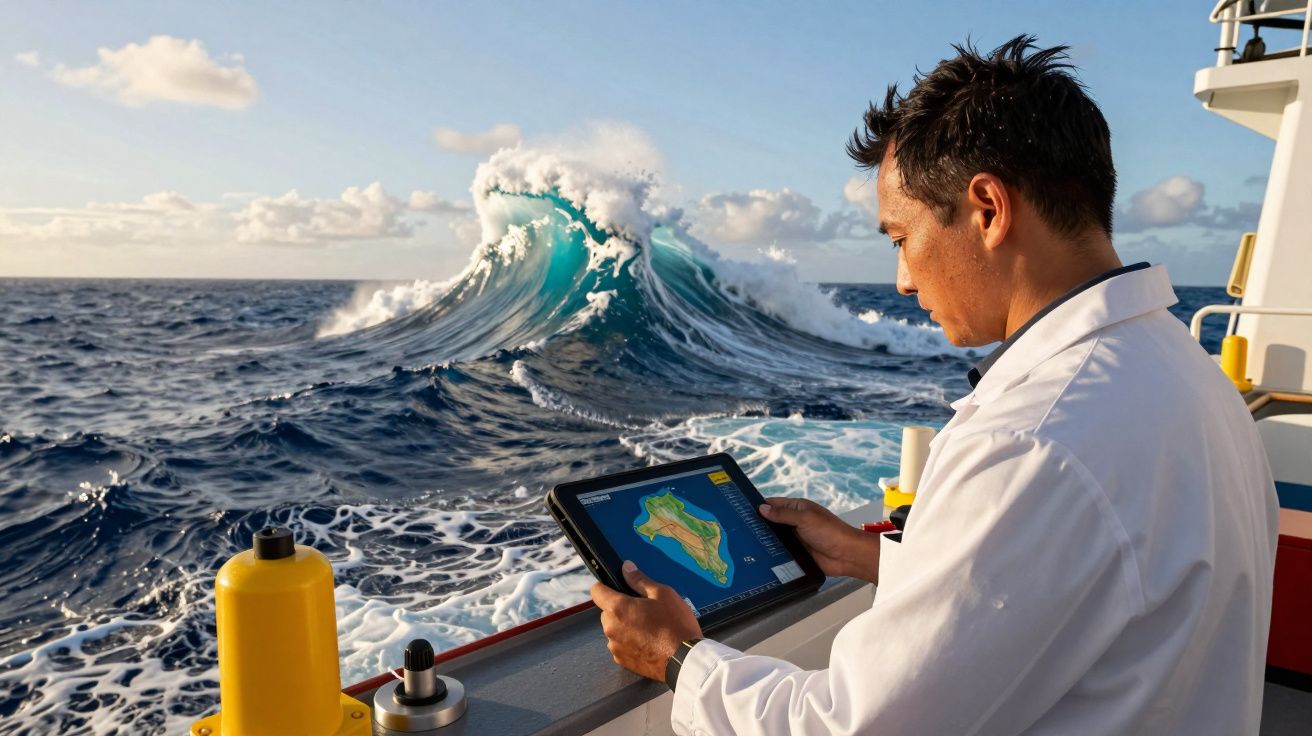 Cientista num navio analisa mapa num tablet, com uma grande onda ao fundo no oceano.