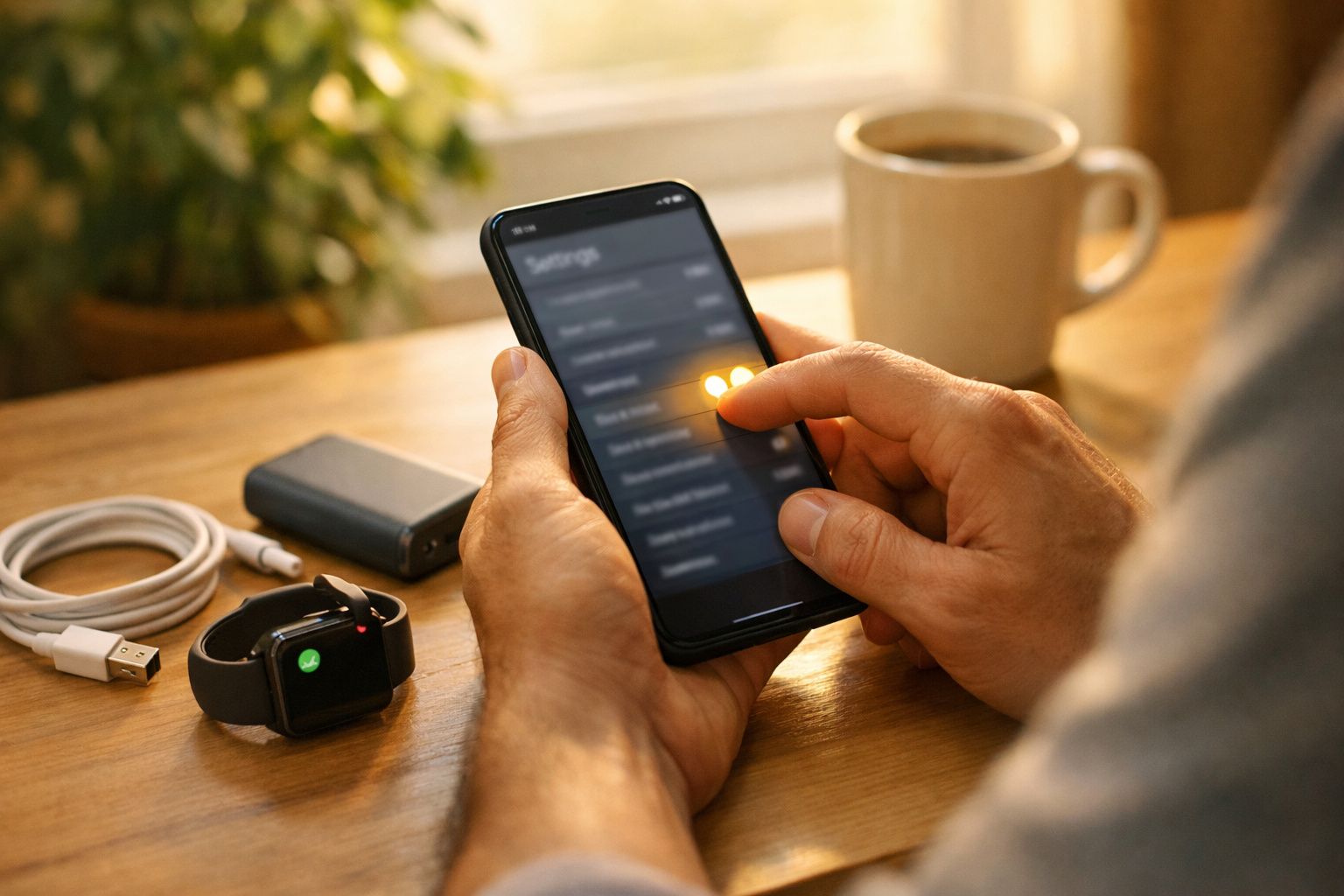 Pessoa segura um smartphone mostrando um ecrã de partilha de localização, com um mapa em cima da mesa ao lado de uma bateria 