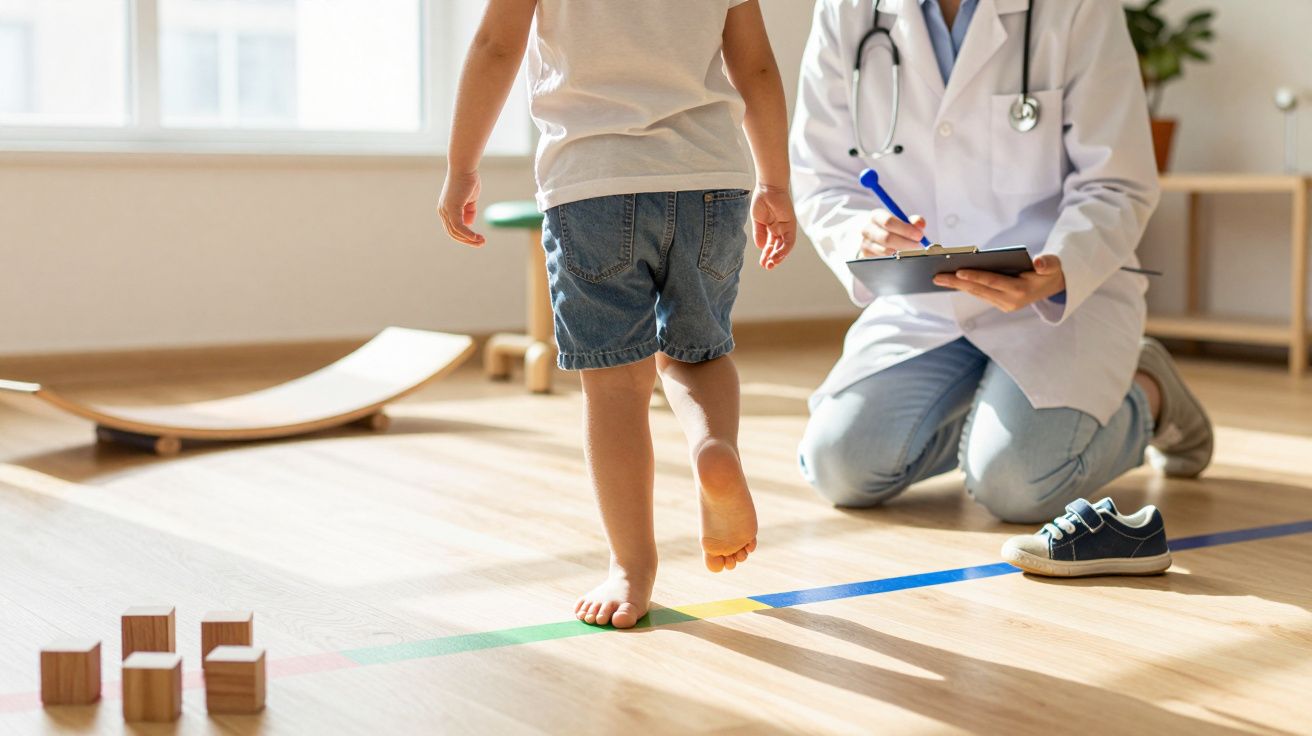 Criança descalça caminha em linha colorida enquanto médico observa e anota em bloco de notas, num ambiente claro.