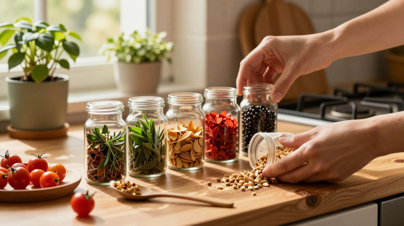 Mãos organizam frascos de especiarias e legumes numa cozinha iluminada.