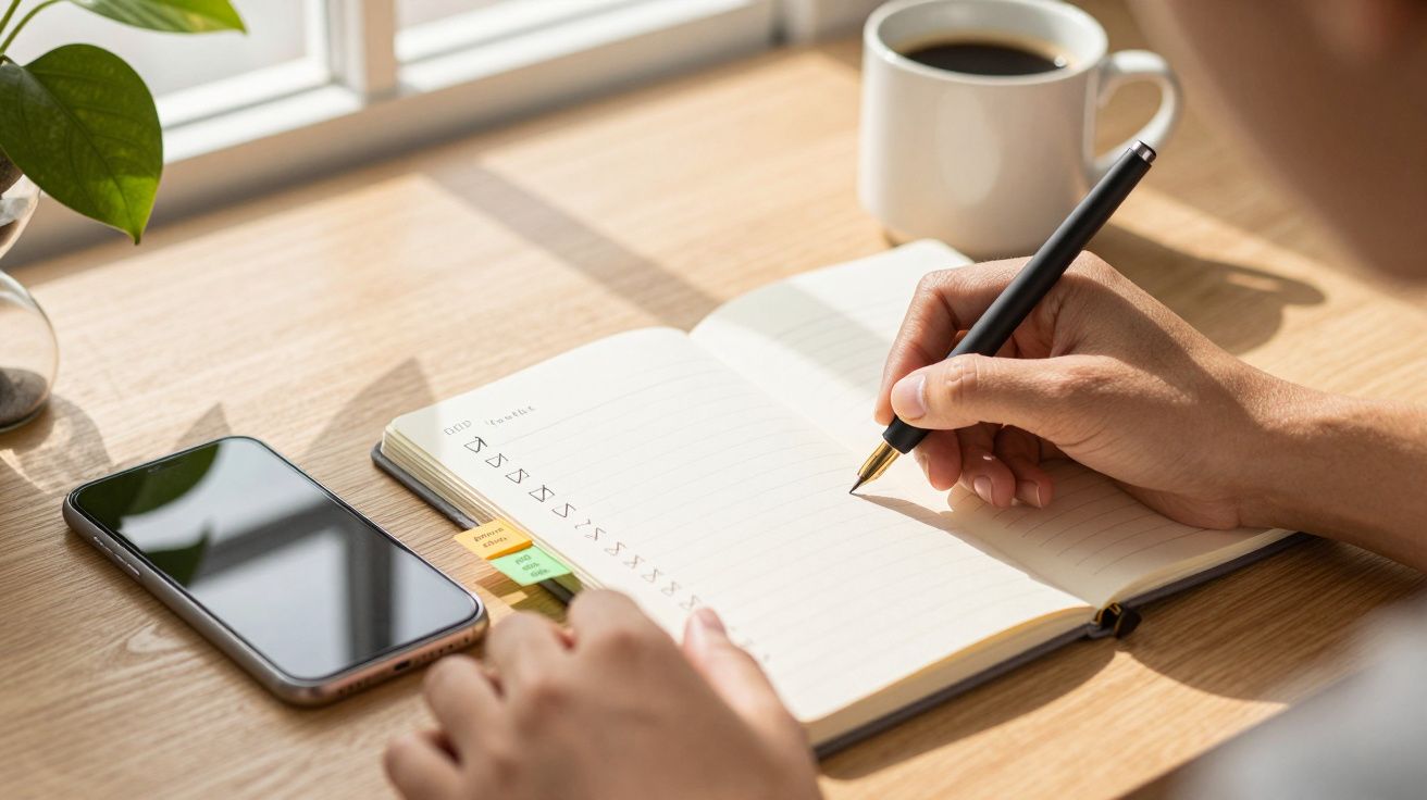 Pessoa escreve num caderno na secretária, com um telemóvel, caneca e planta ao lado, à luz do sol.