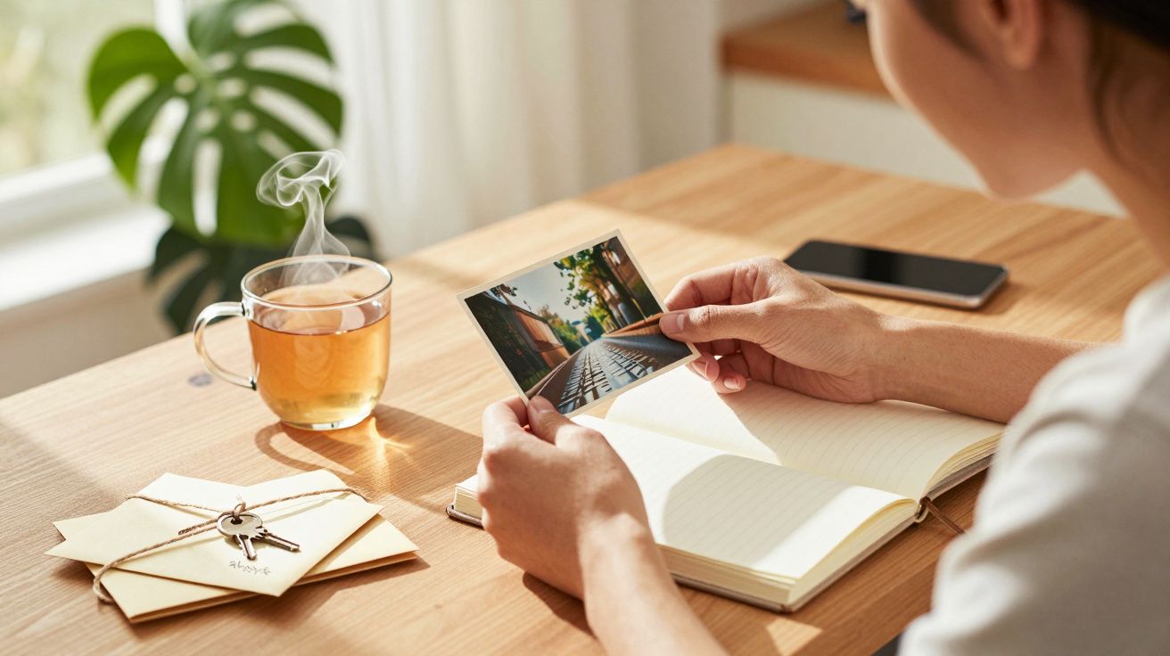 Mulher segurando uma fotografia sentada à mesa com caderno aberto, chá, envelopes fechados e telemóvel.