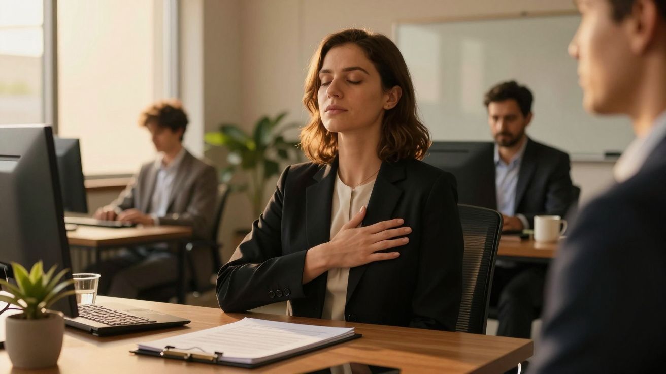 Mulher de olhos fechados meditando no escritório com outras pessoas ao fundo.