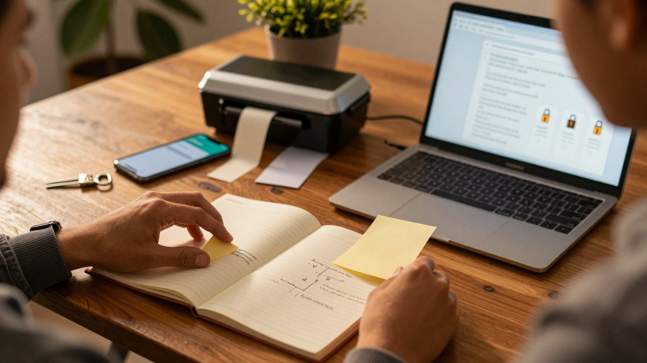 Duas pessoas trabalham numa mesa com portátil, caderno e impressora, discutindo notas adesivas e documentos.