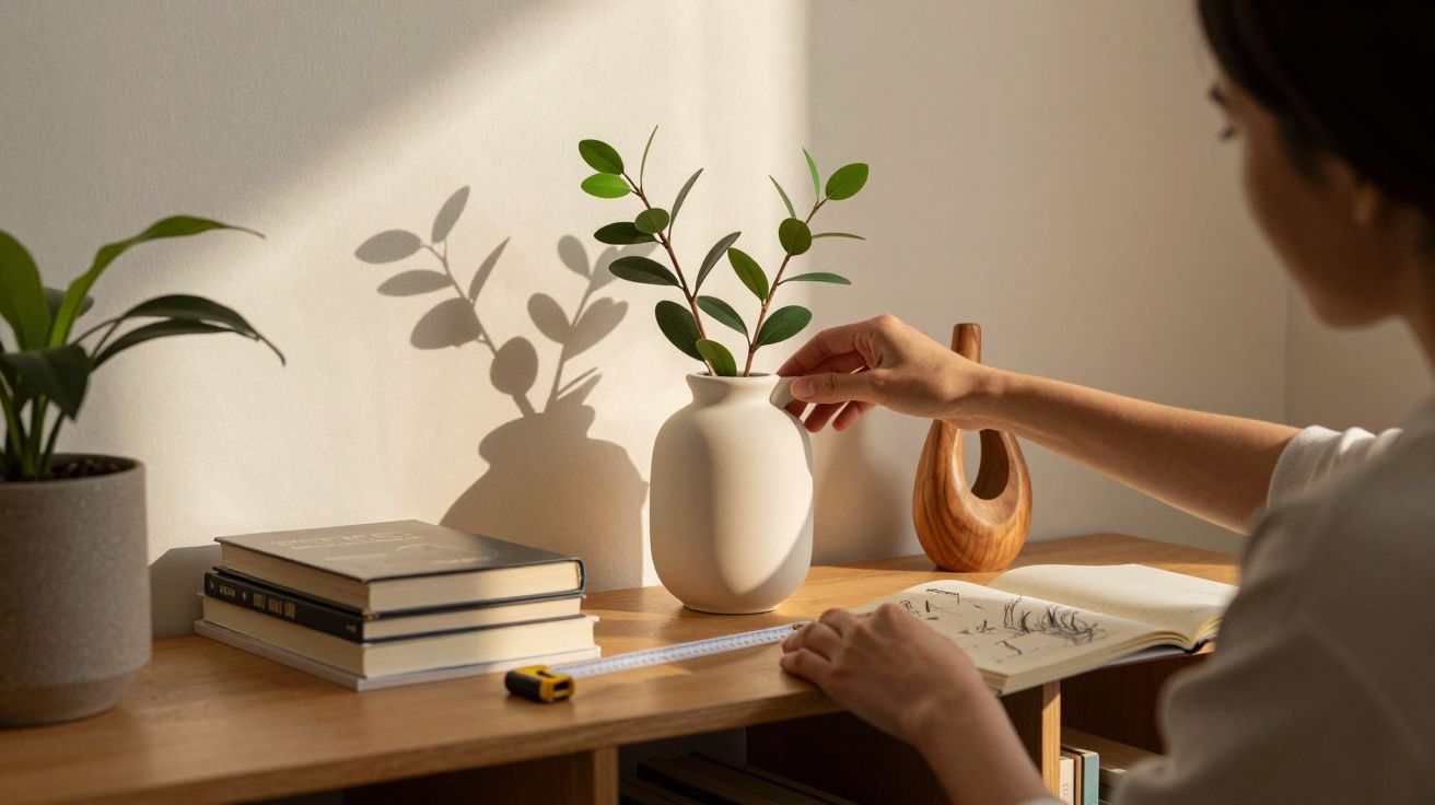 Pessoa ajusta folhas num vaso sobre mesa de madeira com livros, caderno aberto e fita métrica.