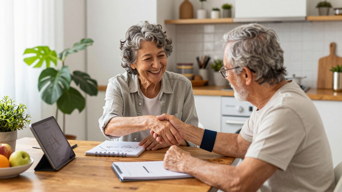 Casal idoso a sorrir e a cumprimentar-se à mesa da cozinha, com tablet e cadernos ao redor.