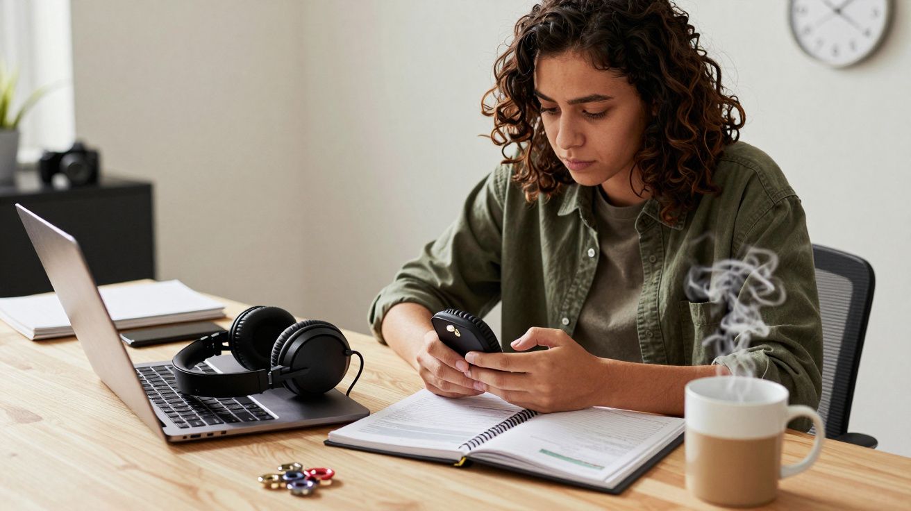 Mulher concentrada, sentada à mesa com portátil, auscultadores, caderno aberto e chávena de café, a olhar para o telemóvel.