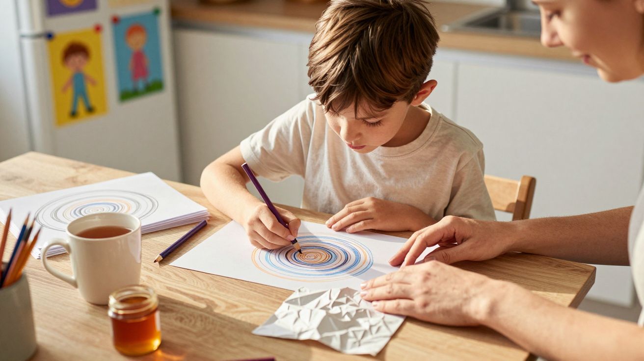 Criança a colorir círculos com lápis roxo, à mesa, com adulto assistindo e materiais de desenho ao redor.