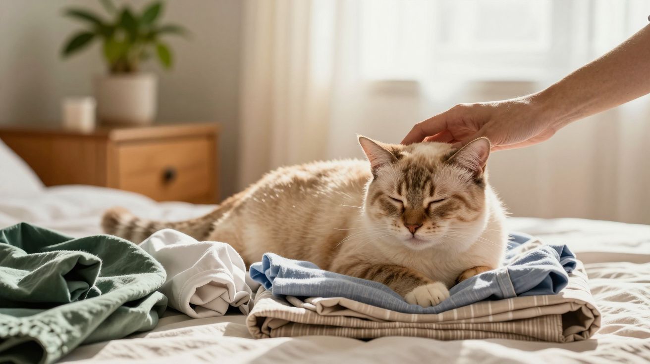 Gato deitado sobre roupa dobrada numa cama, recebendo carinho de uma mão.