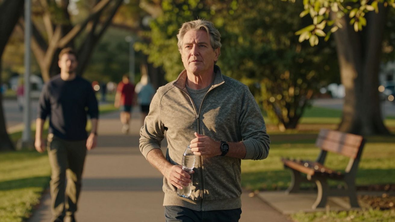 Homem a caminhar num parque, segurando uma garrafa de água. Árvores e um banco ao fundo.