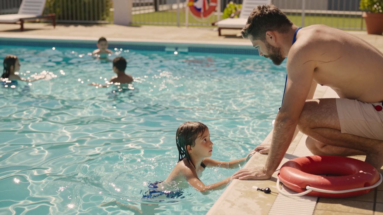 Homem agachado na beira da piscina conversa com criança na água. Outros nadam ao fundo. Tempo ensolarado.