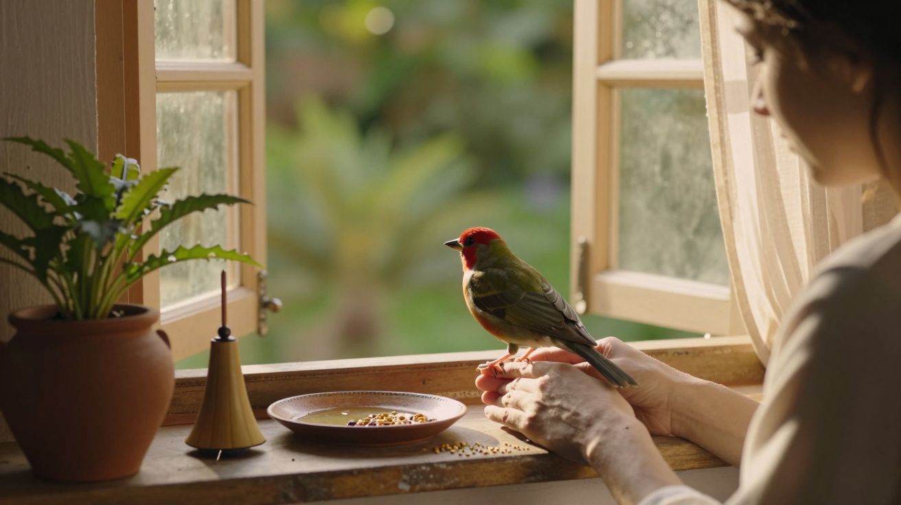 Mulher segura pássaro colorido na janela aberta, com pratos e plantas ao lado, em ambiente iluminado pelo sol.