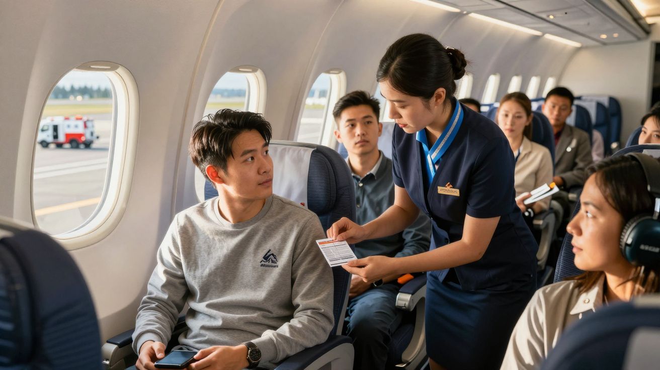 Assistente de voo entrega um cartão a passageiro sentado numa cabine de avião. Outros passageiros estão nas cadeiras ao fundo