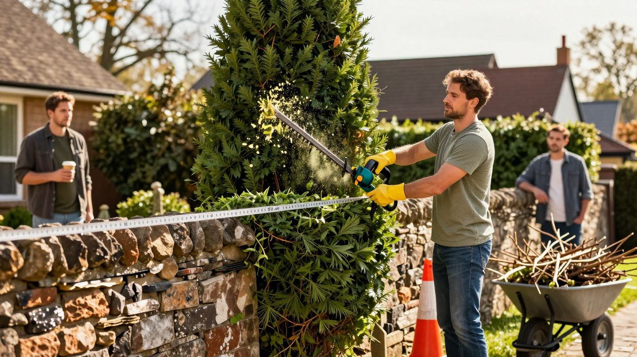Homem a aparar uma sebe com tesoura elétrica, ao lado de uma parede de pedra, com pessoas e um carrinho de mão ao fundo.