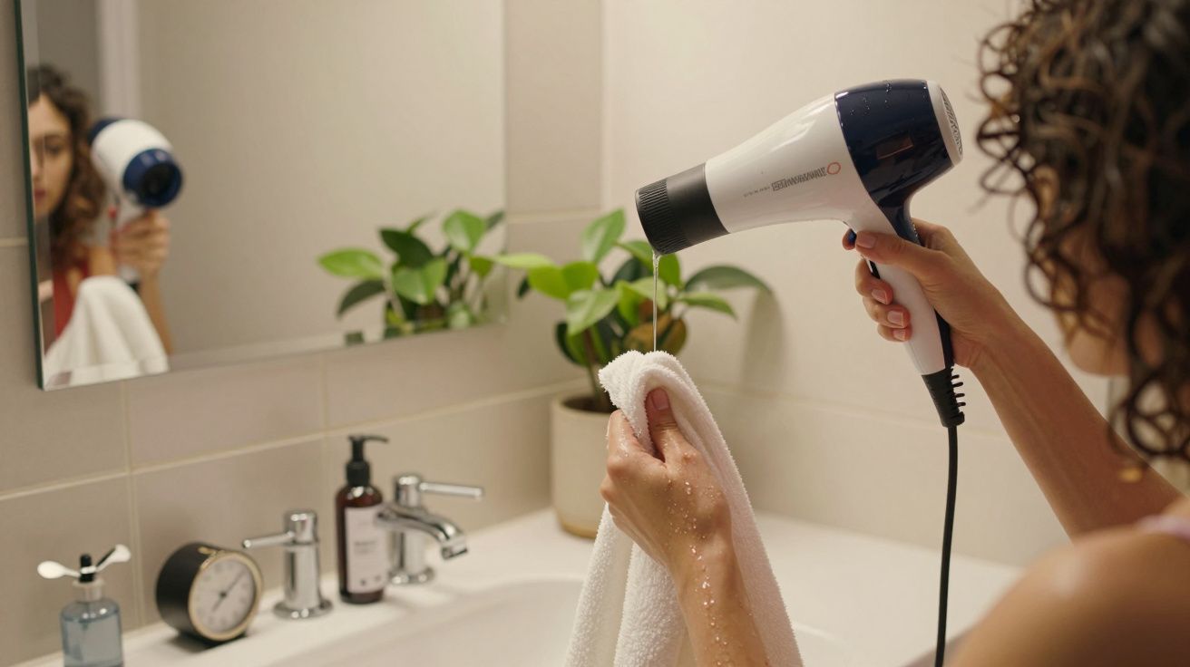 Pessoa a secar toalha com secador de cabelo na casa de banho, plantas ao fundo.