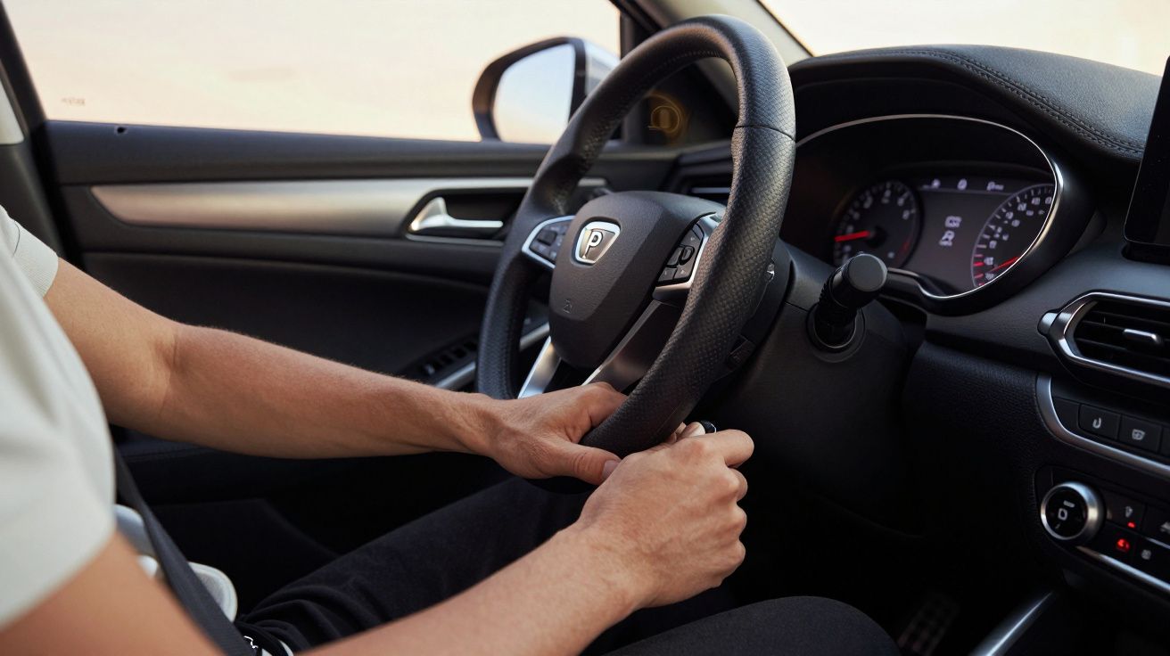 Pessoa a conduzir um carro, segurando o volante, com painel de instrumentos visível à direita.