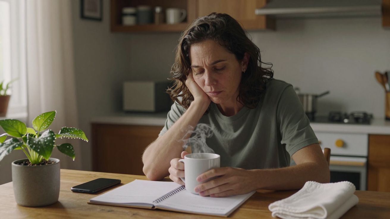 Mulher pensativa com chá fumegante, sentada à mesa da cozinha; caderno e telemóvel ao lado.