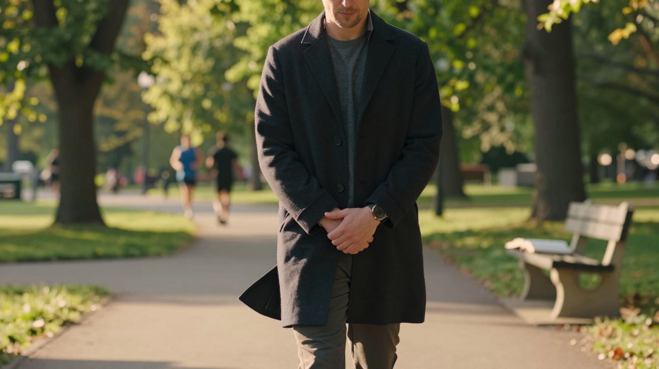 Homem de sobretudo preto a caminhar num parque arborizado e ensolarado, com bancos de jardim ao fundo.