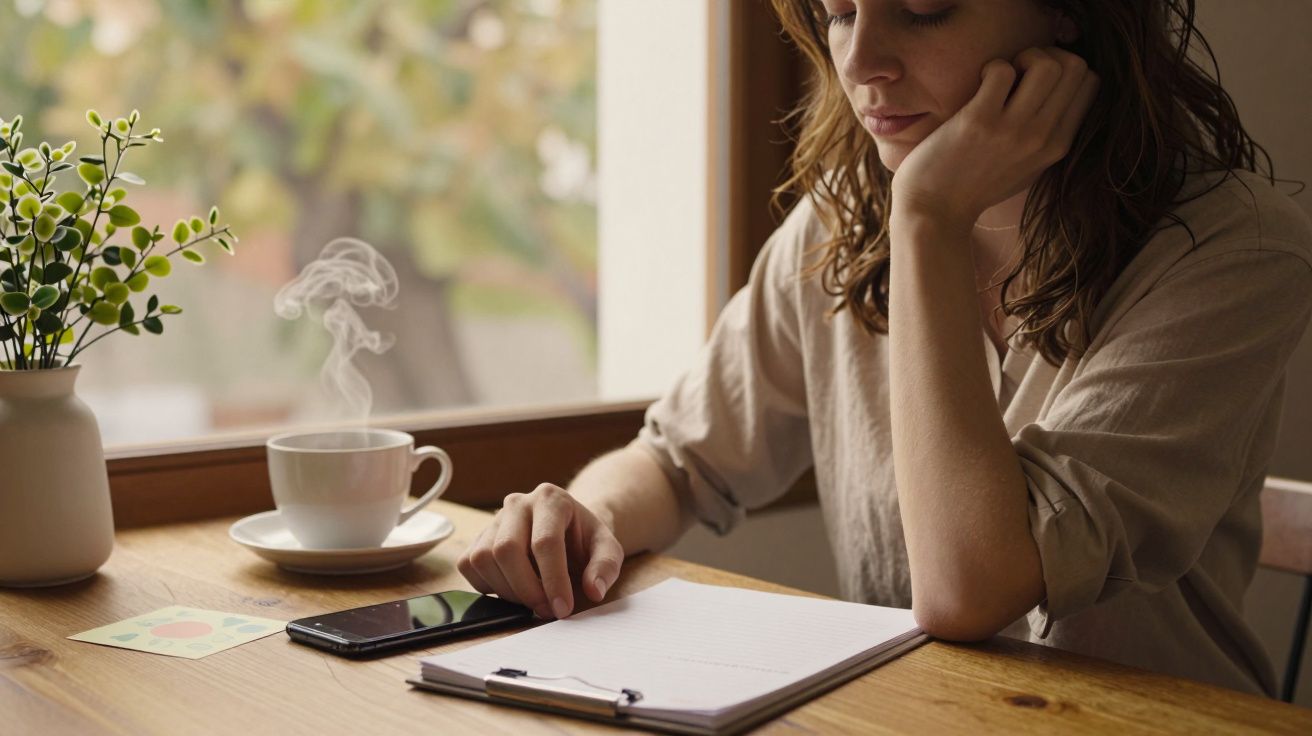 Mulher pensativa escreve em bloco de notas à mesa com chávena de café, planta e smartphone ao lado.