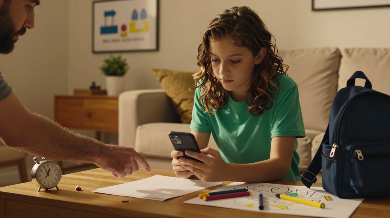 Menina com telemóvel sentada numa sala, ao lado de mochila e folhas, enquanto uma mão aponta para um relógio de mesa.