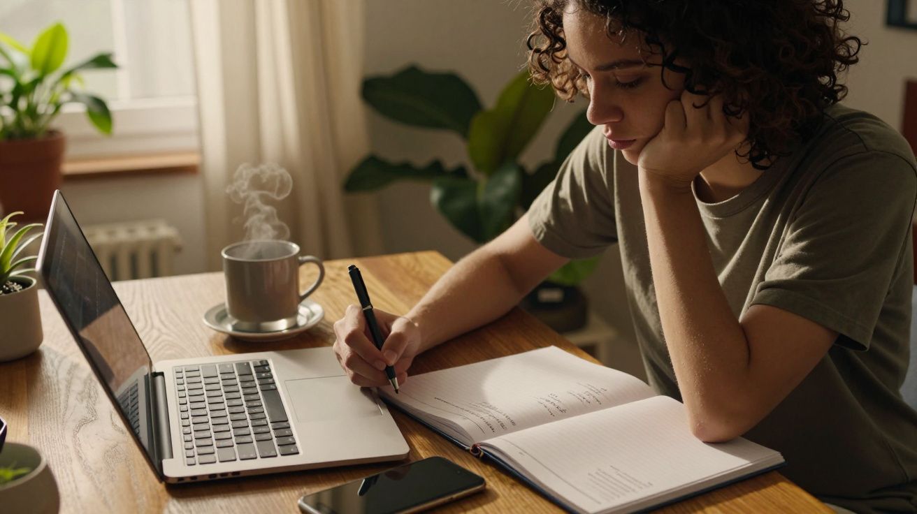 Mulher escrevendo num caderno em frente a um portátil numa mesa, com uma chávena de café e plantas ao fundo.
