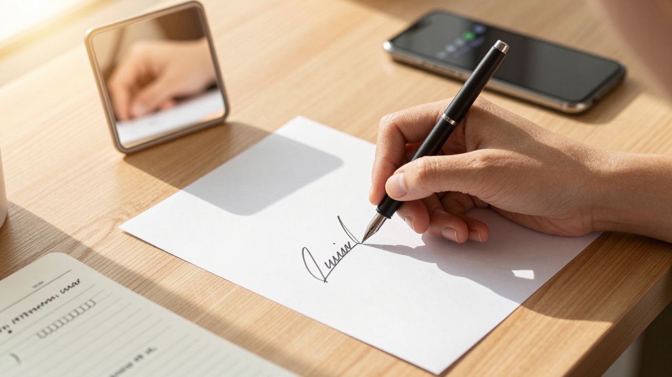 Mão assinando um documento em cima de uma mesa com telemóvel, espelho e caderno ao lado.