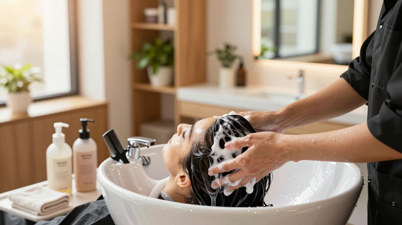Pessoa a lavar cabelo de outra em salão de cabeleireiro, com espuma e produtos de cabelo visíveis ao fundo.