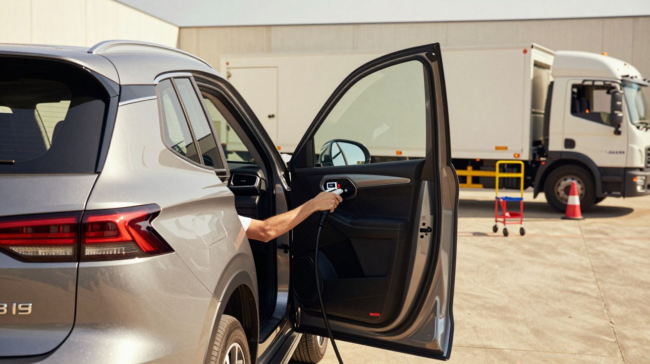 Carro cinzento em carregamento elétrico, porta aberta, mão esquerda segura o cabo, camião branco ao fundo estacionado.