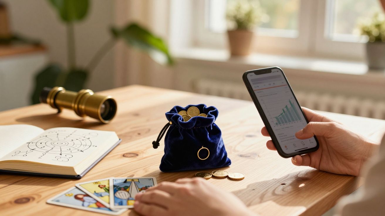 Pessoa a segurar um telemóvel com gráfico, perto de cartas de tarot e saco de moedas numa mesa de madeira.