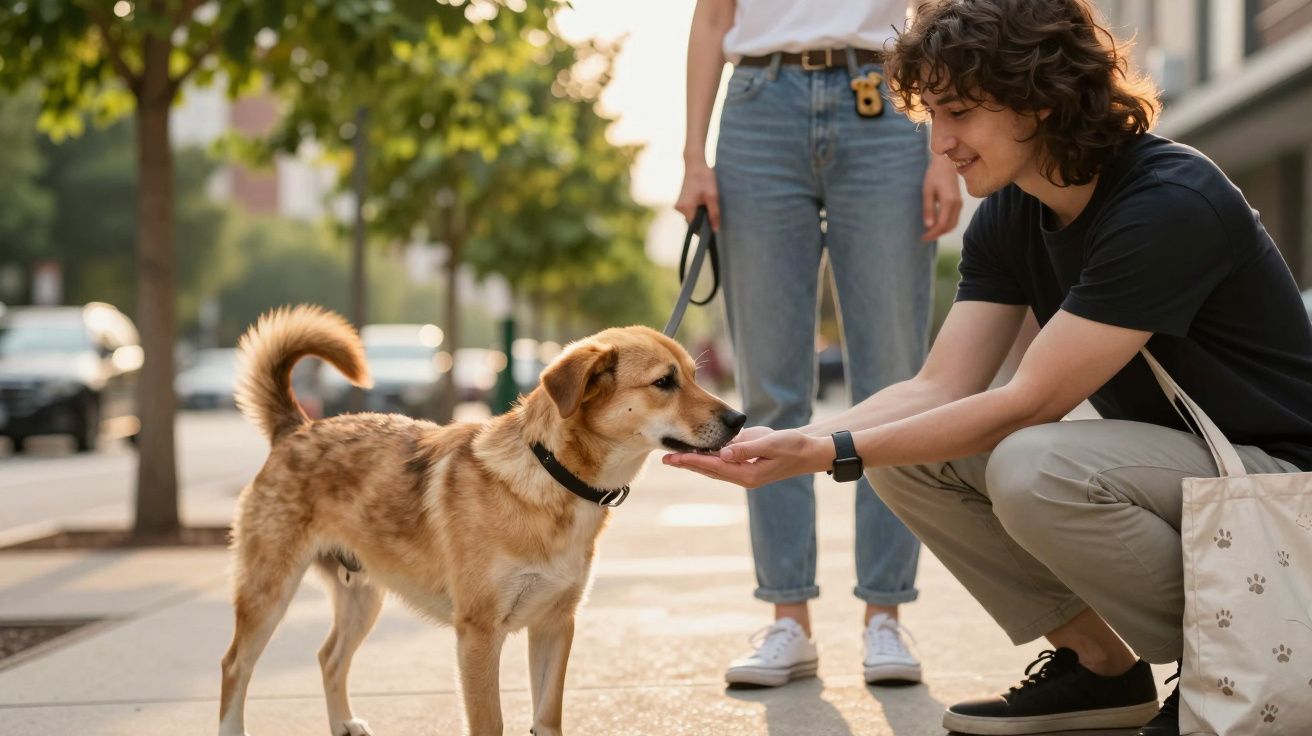 Homem ajoelhado afaga um cão na rua enquanto a dona do cão o segura com trela.