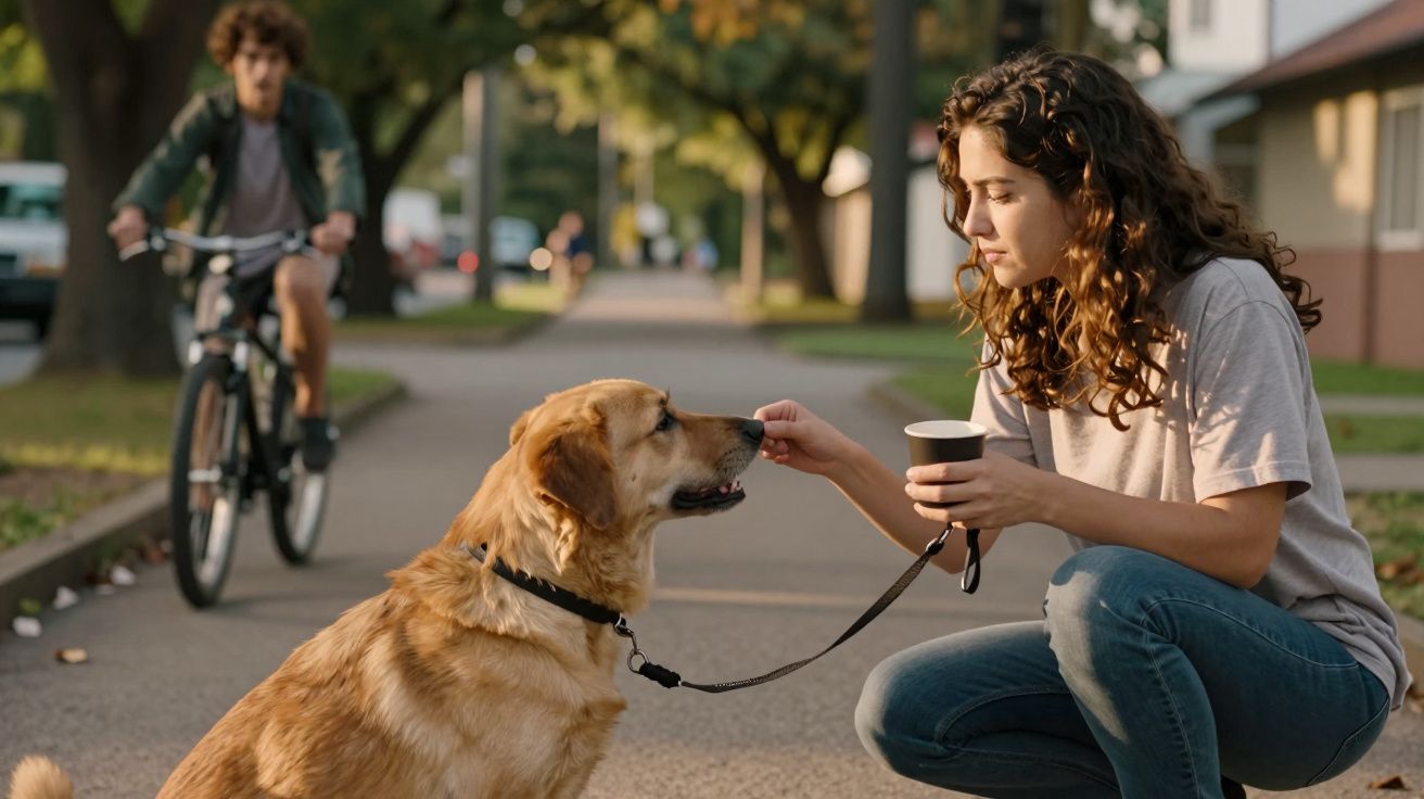 Mulher ajoelhada dá guloseima a cão dourado numa rua arborizada; ciclista ao fundo.