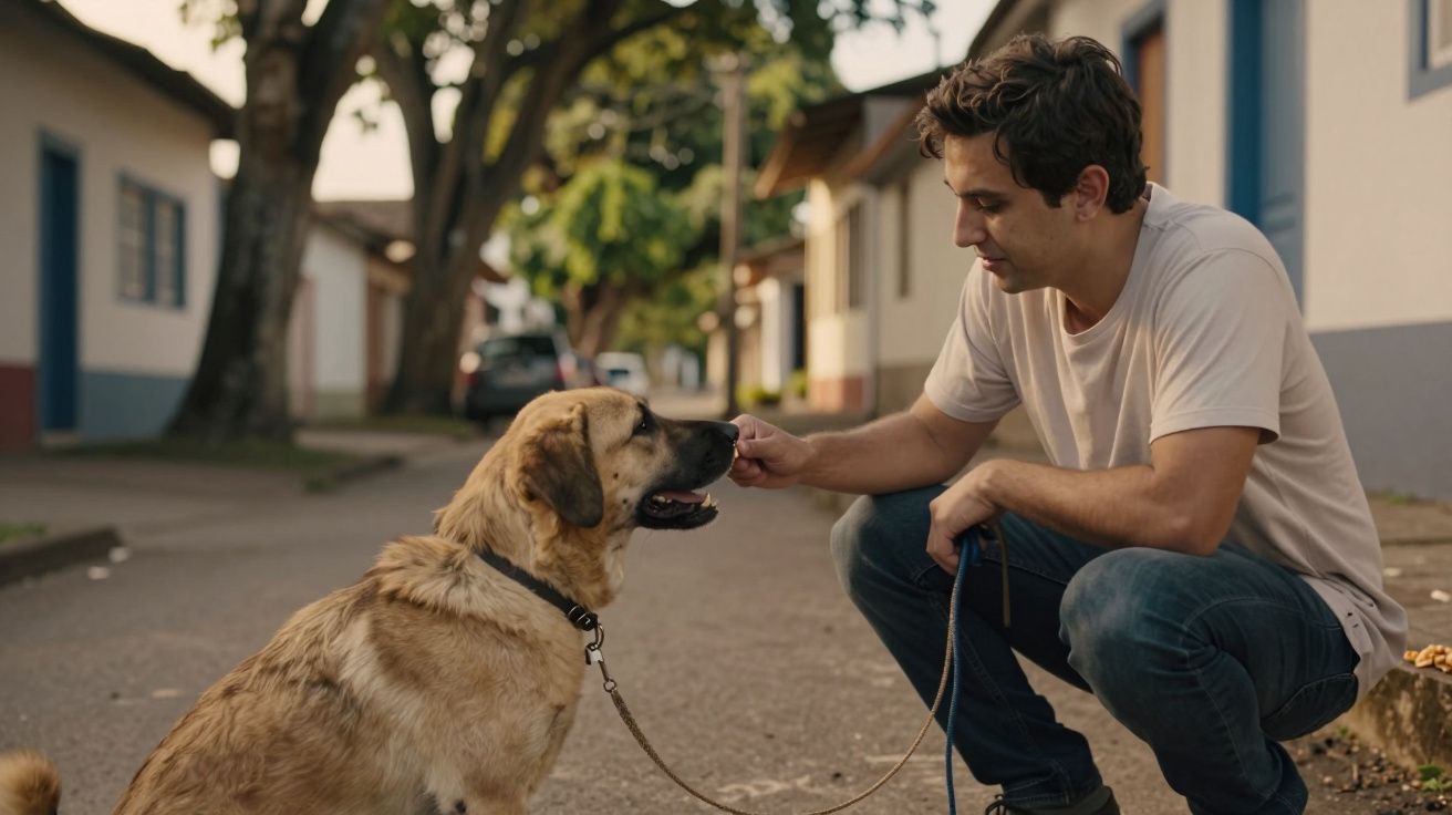 Homem agachado acaricia um cão numa rua arborizada e calma.