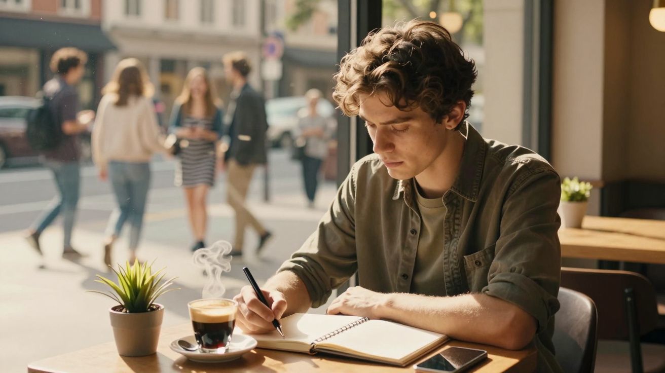 Homem jovem a escrever em caderno num café, com um café ao lado e pessoas a passar pela janela.