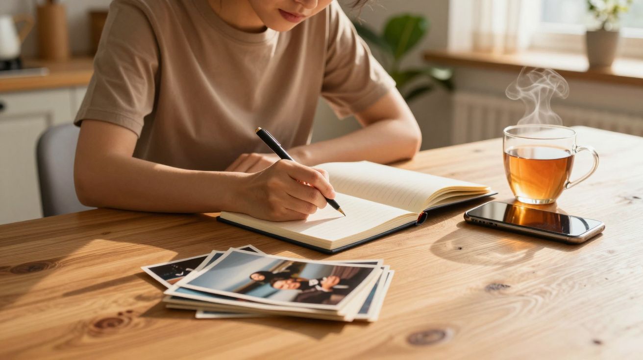 Pessoa escreve num caderno numa mesa de madeira com fotos polaroid, chá quente e telemóvel ao lado.