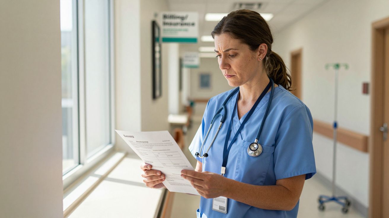 Enfermeira de uniforme azul lê um documento num corredor de hospital iluminado por luz natural.