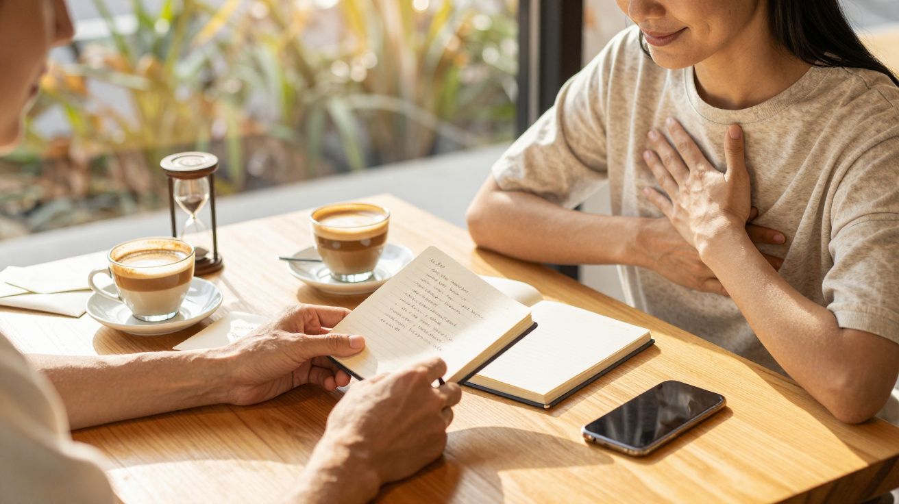 Duas pessoas numa mesa com café, uma lê num caderno enquanto a outra escuta com a mão no peito.